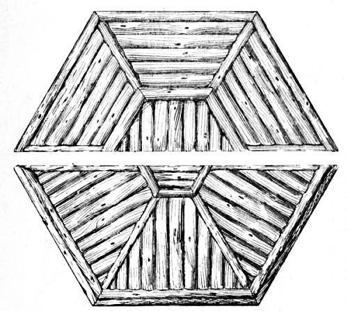 Fig. 45.—Half Plans of Top of Hexagonal Table.