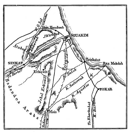 map: area surrounding Souakim, Sinkat, and Tokar