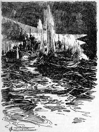 The dark hulls of the enemy were hidden in the
  blinding glare of their searchlights.