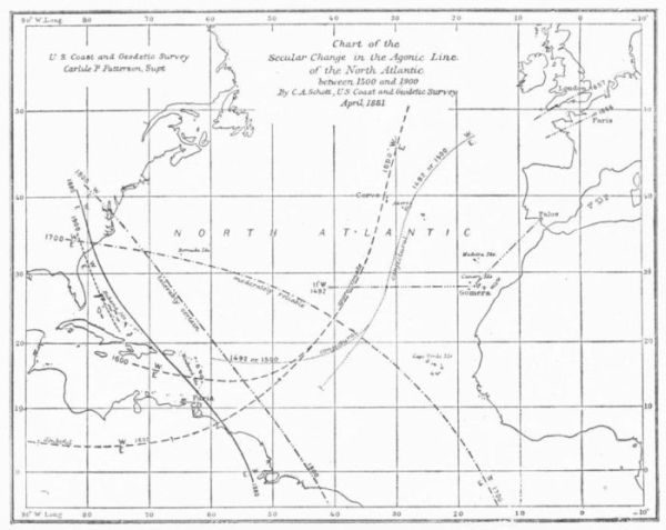 SECULAR CHANGE OF THE AGONIC LINE IN THE NORTH ATLANTIC BETWEEN 1500 AND 1900.