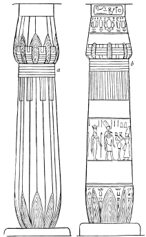 Fig. 13.—Lotos-columns from Thebes.

a. Sculptured Column from the Great Temple at Carnac.

b. Painted Column from the Memnonium of Ramses II.