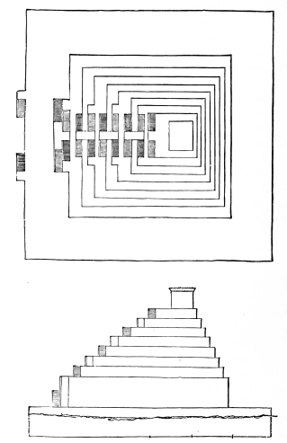 Fig. 41.—Plan and Elevation of the Temple at Borsippa.
(From Oppert’s Measurements.)