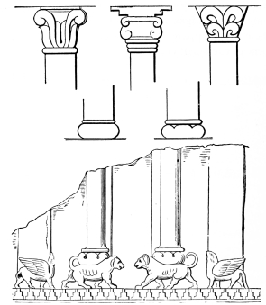 Fig. 50.—Various Forms of Capitals and Bases, from
Assyrian Reliefs.