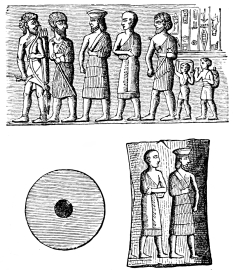 Fig. 63.—Babylonian Seal in the British Museum, and its
Impression.