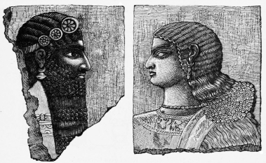 Fig. 70.—Fragments of Reliefs from Nimrud. (British
Museum.)