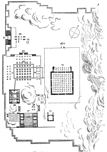 Fig. 78.—Plan of Persepolis.

A. Grand Stairway. B. Propylæa of Xerxes. C. Cisterns. D, E,
F, G. Great Hall of Xerxes. H. Portal between the Palaces and
Harem. K. Palace of Darius. L, M, N. Palace of Xerxes. O.
Unrecognized Ruins. P. Harem. Q. Portal to the Court of the Harem.