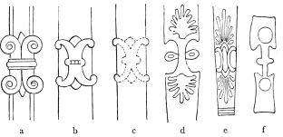 Fig. 81.—Spiral Ornaments upon Chairs.

a. From an Assyrian Relief. b. From the Vicinity of Miletos. c.
From Xanthos. d, e, f. From Paintings upon Greek Vases.