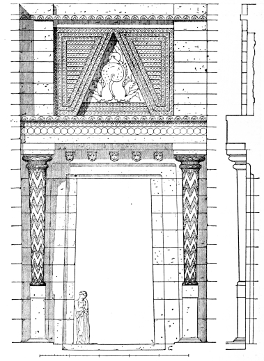 Fig. 122.—Restoration of the Tholos of Atreus. Portal.
(Clarke.)