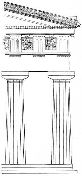 Fig. 136.—Corner Elevation of the Middle Temple of the
Acropolis of Selinous. Restoration.