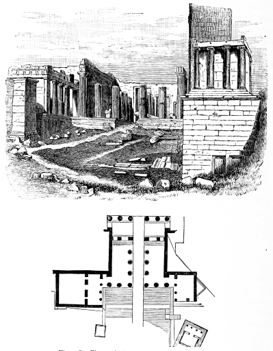Fig. 158.—Plan and View of the Propylæa, Athens.