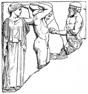 Fig. 213.—Metope from the Cella of the Great Temple of
Olympia. Atlas, Heracles, and the Nymph of the Hesperides.