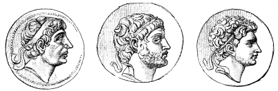 Antiochos I. of Syria. 281 to 262.

Philip V. of Macedon. 220 to 178.

Perseus of Macedon. 178 to 168.

Fig. 235.—Coins of the Diadochi.