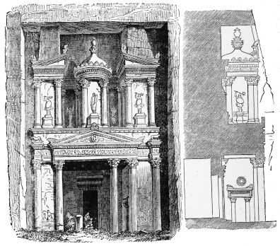 Fig. 284.—Façade and Section of a Rock-cut Tomb at
Petra.