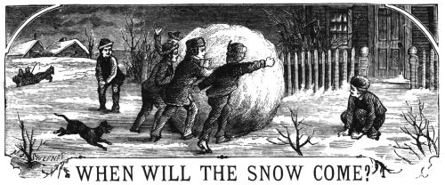 Illustration of children building huge snowball and title of story: When Will the Snow Come