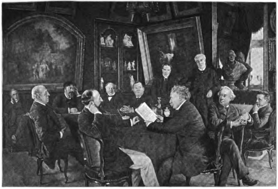 THE COMMITTEE ROOM OF THE COMÉDIE FRANÇAISE: ALEXANDRE
DUMAS (THE YOUNGER) READING A PLAY.

(From the painting of Laissement in the Comédie Française.)