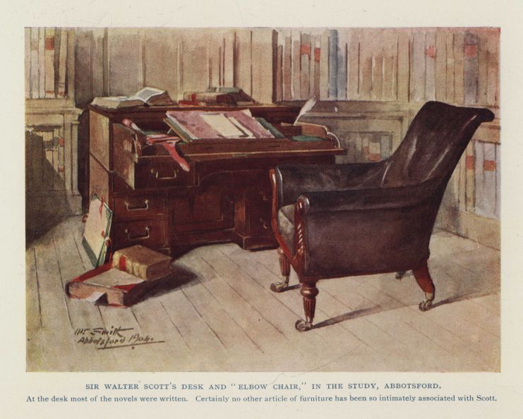 SIR WALTER SCOTT'S DESK AND "ELBOW CHAIR," IN THE STUDY, ABBOTSFORD. At the desk most of the novels were written.  Certainly no other article of furniture has been so intimately associated with Scott.