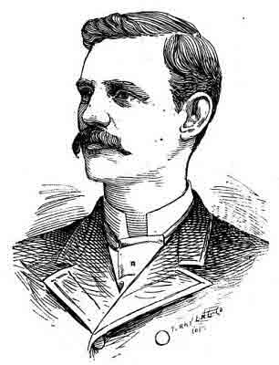 Charcoal sketch; short walrus moustache; square stand-up collar, cravat, double-breasted jacket.