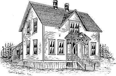 Charcoal drawing; two-story gabled frame house, large four-pane windows, small covered porch.