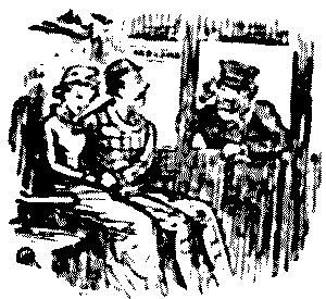 Couple seated in railway  carriage