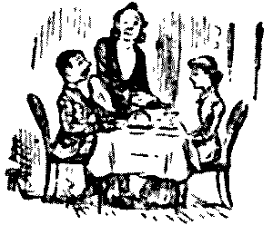 Couple seated at restaurant table with waiter.