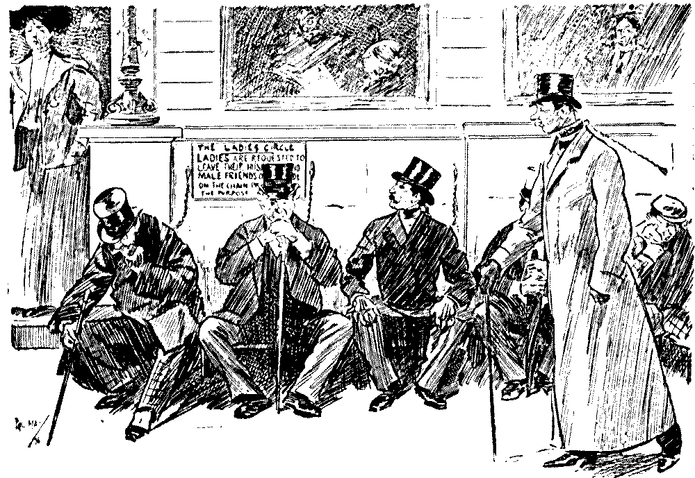 Row of men seated on bench.