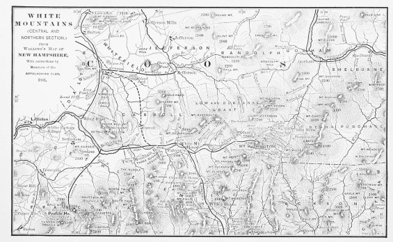 WHITE MOUNTAINS

(CENTRAL AND NORTHERN SECTION.)

FROM
Walling’s Map of
NEW HAMPSHIRE,
With corrections by
Members of the
APPALACHIAN CLUB.
1881.