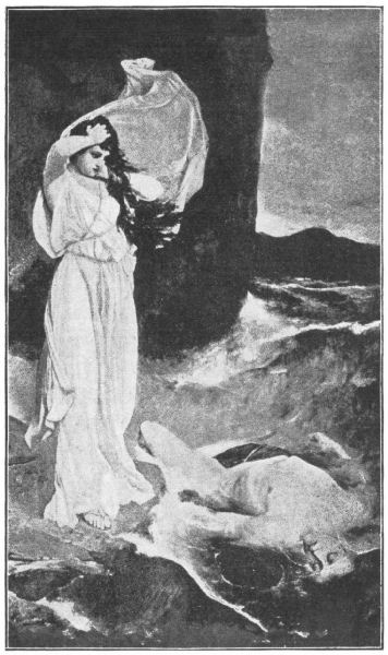 Hero stands distraught over the drowned Leander