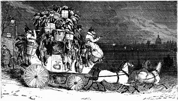 Coach loaded with birds and packages with a man blowing a horn riding on the back