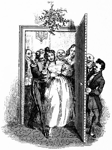 man holding door for couple about to enter with mistletoe above the door