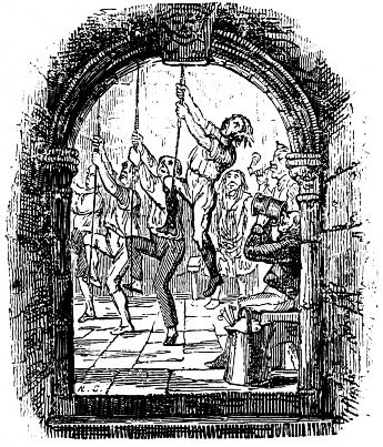 men swinging on bell-cords viewed through arched window