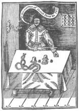 Frontispiece of “Hocus Pocus,” Second Edition, 1635, one
of the earliest works on magic. From the Harry Houdini Collection.