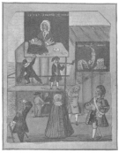 Reproduction of page 1226 of Hone’s “Every-Day Book” in
the Harry Houdini Collection. This is a portrait of Fawkes, engraved on
a fan by Setchels in 1721 or 1728. Fans like these were distributed at
the Bartholomew Fair.