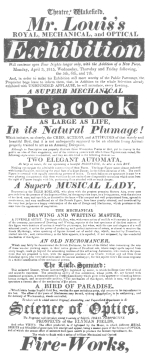 A Louis programme of April 3rd, 1815, in which the
writing and drawing figure is advertised as a juvenile artist. It also
features a bird of paradise automaton which Robert-Houdin claimed to
have invented thirty years later. From the Harry Houdini Collection.