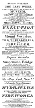 Poster announcing a benefit for the widow and children of
de Philipsthal at Wakefield, in April, 1829, which proves that writing
and drawing figure formed no part of the estate left by the deceased
showman. From the Harry Houdini Collection.