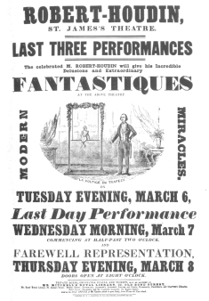 Copy of a poster used by Robert-Houdin to advertise his
trapeze performer. This proves how accurately he duplicated the Pinetti
figure, even to the arrangement of floral garlands. From the Harry
Houdini Collection.