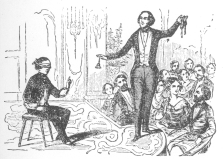 Robert-Houdin and his son Emile, presenting second sight.
Here the bell is used as it was by Henri Robin. From an illustration in
the original French edition of the Robert-Houdin “Memoirs."