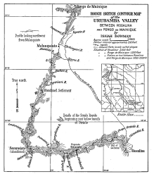 Fig. 8—Sketch map showing the route of the Yale-Peruvian
Expedition of 1911 down the Urubamba Valley, together with the area of
the main map and the changes in the delineation of the bend of the
Urubamba resulting from the surveys of the Expedition. Based on the
“Mapa que comprende las ultimas exploraciones y estudios verificados
desde 1900 hasta 1906,” 1:1,000,000, Bol. Soc. Geogr. Lima, Vol. 25, No.
3, 1909. For details of the trail from Rosalina to Pongo de Mainique see
“Plano de las Secciones y Afluentes del Rio Urubamba: 1902-1904,” scale
1:150,000 by Luis M. Robledo in Bol. Soc. Geogr. Lima, Vol. 25, No. 4,
1909. Only the lower slopes of the long mountain spurs can be seen from
the river; hence only in a few places could observations be made on the
topography of distant ranges. Paced distances of a half mile at
irregular intervals were used for the estimation of longer distances.
Directions were taken by compass corrected for magnetic deviation as
determined on the seventy-third meridian (See Appendix A). The position
of Rosalina on Robledo’s map was taken as a base.