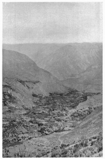 Fig. 29—Cotahuasi on the floor of the Cotahuasi canyon.
The even skyline of the background is on a rather even-topped lava
plateau. The terrace on the left of the town is formed on limestone,
which is overlain by lava flows. A thick deposit of terraced alluvium
may be seen on the valley floor, and it is on one of the lower terraces
that the city of Cotahuasi stands. The higher terraces are in many cases
too dry for cultivation. The canyon is nearly 7,000 feet (2,130 m.) deep
and has been cut through one hundred principal lava flows.