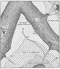 Fig. 32—Regional diagram representing the deep canyoned
country west of the Eastern Cordillera in the region of the Apurimac.
For photograph see Fig. 94. For further description see note on regional
diagrams, p. 51. Numbers 1, 2, and 3 correspond in position to the same
numbers in Fig. 33.