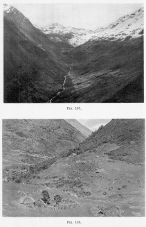 Fig. 137—Looking up a spurless flat-floored glacial
trough near the Chucuito pass in the Cordillera Vilcapampa from 14,200
feet (4,330 m.). Note the looped terminal and lateral moraines on the
steep valley wall on the left. A stone fence from wall to wall serves to
inclose the flock of the mountain shepherd.