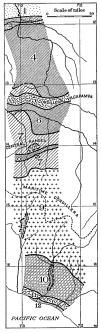 Fig. 157—Outline sketch showing the principal rock belts
of Peru along the seventy-third meridian. They are: 1, Pleistocene and
Recent gravels and sands, the former partly indurated and slightly
deformed, with the degree of deformation increasing toward the mountain
border (south). 2, Tertiary sandstones, inclined from 15° to 30°
toward the north and unconformably overlain by Pleistocene gravels. 3,
fossil-bearing Carboniferous limestones with vertical dip. 4,
non-fossiliferous slates, shales, and slaty schists (Silurian) with
great variation in degree of induration and in type of structure. South
of the parallel of 13° is a belt of Carboniferous limestones and
sandstones bordering (5), the granite axis of the Cordillera
Vilcapampa. For its structural relations to the Cordillera see Figs. 141
and 142. 6, old and greatly disturbed volcanic agglomerates, tuffs and
porphyries, and quartzitic schists and granite-gneiss. 7, principally
Carboniferous limestones north of the axis of the Central Ranges and
Cretaceous limestones south of it. Local granite batholiths in the axis
of the Central Ranges. 8, quartzites and slates predominating with
thin limestones locally. South of 8 is a belt of shale, sandstone, and
limestone with a basement quartzite appearing on the valley floors. 9,
a portion of the great volcanic field of the Central Andes and
characteristically developed in the Western or Maritime Cordillera,
throughout northern Chile, western Bolivia, and Peru. At Cotahuasi (see
also Fig. 20) Cretaceous limestones appear beneath the lavas. 10,
Tertiary sandstones of the coastal desert with a basement of old
volcanics and quartzites appearing on the valley walls. The valley floor
is aggraded with Pleistocene and Recent alluvium. 11, granite-gneiss
of the Coast Range. 12, late Tertiary or Pleistocene sands and gravels
deposited on broad coastal terraces. For rock structure and character
see the other figures in this chapter. For a brief designation of index
fossils and related forms see Appendix B. For the names of the drainage
lines and the locations of the principal towns see Figs. 20 and 204.