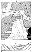 Fig. 164—Geologic sketch map and section, Antabamba
region. The Antabamba River has cut through almost the entire series of
bedded strata