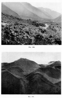 Fig. 180—Urubamba Valley between Ollantaytambo and
Torontoy, showing (1) more moderate upper slopes and steeper lower
slopes of the two-cycle mountain spurs; (2) the extensive alluvial
deposits of the valley, consisting chiefly of confluent alluvial fans
heading in the glaciated mountains on the left. See Fig. 179.