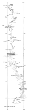 Fig. 204—Topographic map of the Andes between Abancay
and the Pacific Coast at Camaná. Compiled from the seven accompanying
topographic sheets (see Contents, p. xi). Scale 1:1,000,000. Contour
interval 1,000 feet. Longitude west of Greenwich. The Central Ranges of
the Maritime Cordillera are not confined to the area covered by these
names. In the one case the term includes all the ranges between Lambrama
and Huichihua; in the other case, the peaks and ranges from 14° 30′ S.
to Mt. Coropuna.