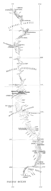 Fig. 204&mdash;Topographic map of the Andes between Abancay
and the Pacific Coast at Camaná. Compiled from the seven accompanying
topographic sheets (see Contents, p. xi). Scale 1:1,000,000. Contour
interval 1,000 feet. Longitude west of Greenwich. The Central Ranges of
the Maritime Cordillera are not confined to the area covered by these
names. In the one case the term includes all the ranges between Lambrama
and Huichihua; in the other case, the peaks and ranges from 14° 30′ S.
to Mt. Coropuna.