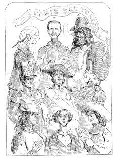 EXPLANATION OF THE ALLEGORY


Number 1’s an ancient Carlist, Number 8 a Paris Artist,
Gloomily there stands between them, Number 2 a Bonapartist;
In the middle is King Louis-Philip standing at his ease,
Guarded by a loyal Grocer, and a Sergeant of Police;
4’s the people in a passion, 6 a Priest of pious mien,
5 a Gentleman of Fashion, copied from a Magazine.