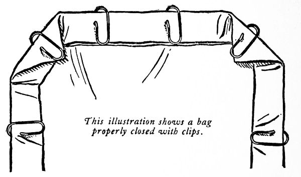 This illustration shows a bag properly closed with clips.
