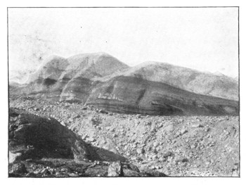 Fig. 31. A part of the edge of the Greenland glacier,
with clean white ice above, and dark discolored bands
below where laden with rock fragments. In the foreground
is a boulder-strewn moraine.