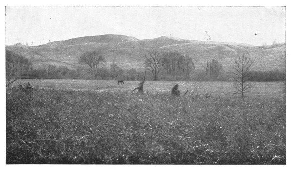 Fig. 34. Hummocky moraine hills in the background and a level gravel plain—an
ancient glacial-stream flood-plain—in foreground.