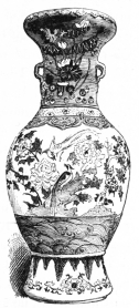 Fig. 16.—Nankin Porcelain. Brown bands; base, white;
body, pale green; neck, light brown. Decoration chiefly pink, green, and
blue; neck and body crackled. (Sutton Coll.)